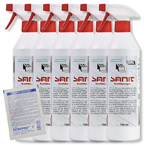 DEWEPRO-Set: SANIT KraftReiniger (3009) - 6 Flaschen à 750ml - Gebrauchsfertiger Allzweckreiniger gegen Öl, Fett und andere Verschmutzungen auf Oberflächen, inkl. 1 St. DEWEPRO® Single Scrubs