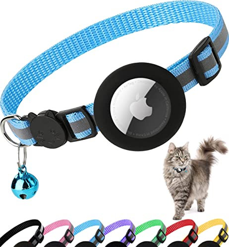 Dgerp Katzenhalsband Airtag, Reflektierendes Halsband Katze mit Sicherheitsverschluss, Air Tag Schutzhülle und Glöckchen, geeignet für Katzen Aller Größen, 1 cm Breit und Leicht(Blau)