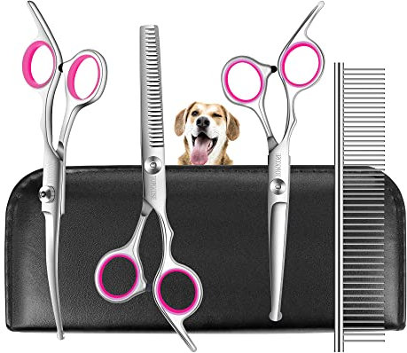 TOPGOOSE Hundepflege Schere Set, Sicherheit Runde Spitze Grooming Tools 6 Stück Kit für Haustiere Hunde Katzen Ganzkörper - Professionelle gebogen, Ausdünnen, gerade Schere, Kamm (Rosa)