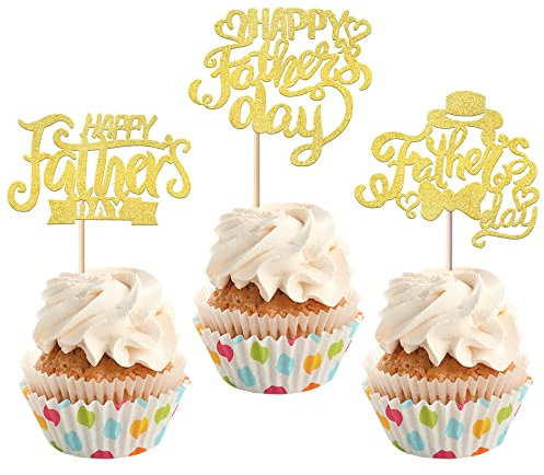 Xsstarmi 24 Pack Happy Father's Day Cupcake Toppers Gold Glitter Love Dad Thanks Dad Cupcake Picks for Happy Father's Day Theme Birthday Party Cake Decorations Supplies