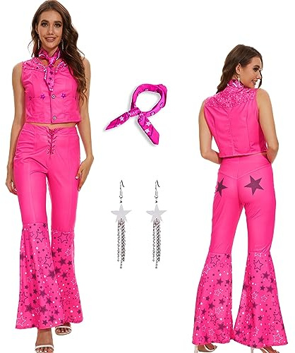 AYYOHON Cowgirl-Kostüm, 70er-/80er-Jahre, Hippie-Disco-Outfits, rosa Weste, Top, Schlaghose, Halloween, Margot Robbie, Cosplay für Damen