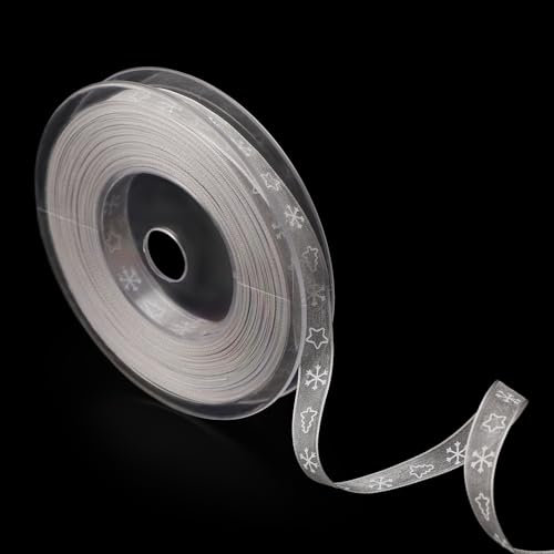 Weihnachtsband, 20 m x 1 cm Schneeflockenband Frohe Weihnachten Satinband Drahtband zum Basteln Geschenkverpackungen Weihnachtsdekoration(Grau)