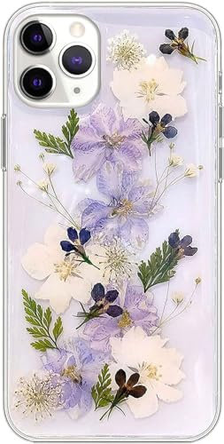 DrewCloth for iPhone 11 Pro Max case Clear with Pressed Flowers Design,Silicone Press Dried Real Flowers Phone Case Blue White Aesthetic Floral Phone Case for Women/Girly Girls,Funda para Mujer