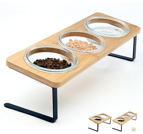 Lawfery Glass Elevated Cat Bowls, 15° Tilted Cat Food Bowl, Includes 3 Glass Cat Bowls, Bamboo Board, and Metal Stand for Cats and Puppies