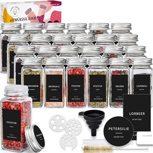 Happy Lemuro Gewürzdosen Set Gewürzgläser Eckig [24 x 120 ml] Gewürzbehälter mit Etiketten, Metalldeckeln - Streueinsatz, Zubehör, 24er Set, Gewürzaufbewahrung