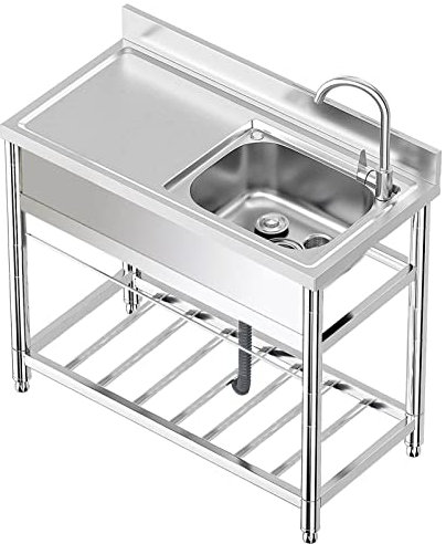 Fregadero de cocina de acero inoxidable, unidad de fregadero de servicio independiente con superficie de trabajo y grifos de agua fría, fregadero de cocina con soporte