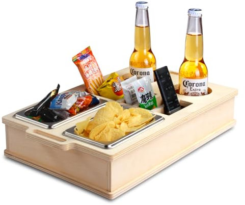 Snack Box Tray, Personalised Sofa Bar, Wooden Tray, Rectangular, Couch Tray, Sofa Organiser, Tray Wood, with Two Stainless Steel Snack Bowls, Can Hold Beer Bottles, Couch Bar Snack Box (C)