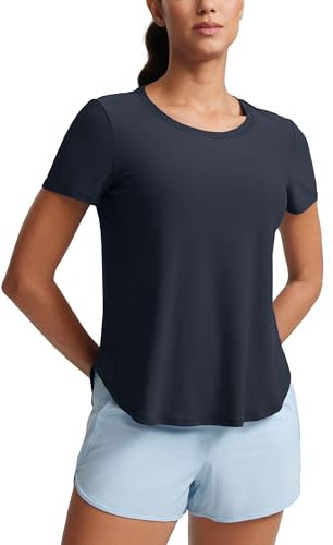 CRZ YOGA Womens Cloudweight Crewneck Short Sleeve Tops Side Slit Lightweight Gym Workout Athletic T-Shirts True Navy 14