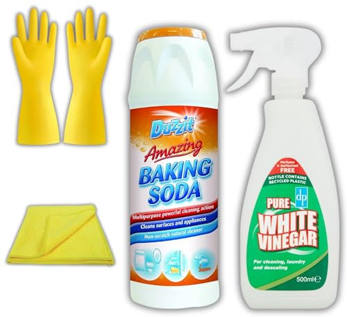 Duzzit Baking Soda 500g and Dripak White Vinegar 500ml for Cleaning, Microfibre Cloth, Yellow Cleaning Gloves - Includes White Vinegar Cleaning Spray and Washing Soda