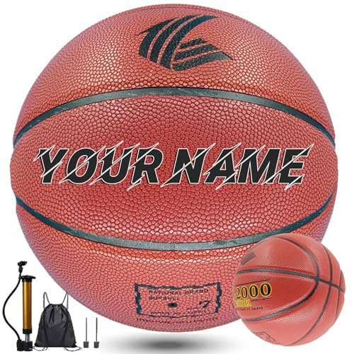 Ballon de basket-ball personnalisé pour intérieur et extérieur - En cuir composite - Imprimé avec votre nom personnalisé - Taille officielle 5, 6, 7 (n° 6)