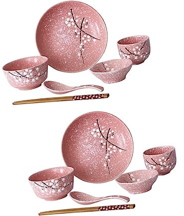 Mikinona Vajilla Japonesa De Cerámica Rosa Set Cuencos Platos Tazas y Utensilios Para Uso Diario Casa