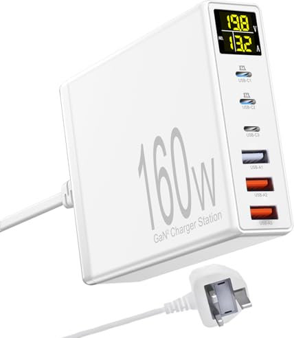 CESTONE USB C Charger,160W GaN 6-Port Fast Charging Station with LED Display,PD3.0 and QC3.0 Fast Charging,Multi Port Power Adaptor, For MacBook, iPad, iPhone 15/14/13/Pro/Max, Samsung,Tablet (White)