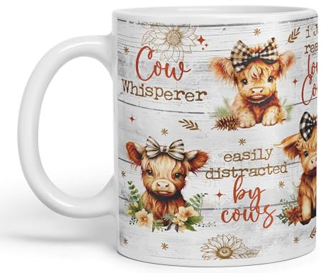 Vixar Easily Distracted by Baby Cow Whisperer I just Realy Love Cow Highland Scottish Farm Animals Ceramic Coloured Mug Cup for Tea Coffee Hot Brew 330ml 11Oz Gift (White)