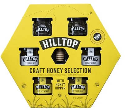 Hilltop Craft Honey Selection Box | 6 x 28g jars with a Wooden Honey Dipper | Acacia Clear Soft Set Pure and Natural Honey | Premium Quality and Tested for Authenticity | Dairy Nut and Gluten Free