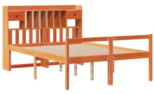 vidaXL Massivholzbett, Bett Kopfteil mit Bücherregal ohne Matratze, Bettgestell mit Lattenrost, Holzbett Doppelbett für Schlafzimmer, Wachsbraun 140x200cm Kiefer
