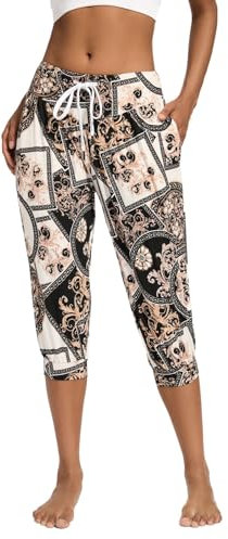 HAPYWER Haremshose Damen Kurz Yogahose 3/4 Lang Capri Sommerhose 3/4 Leicht Sporthose Strandhose Luftige Pumphose Aladinhose für Pilates Yoga S-2XL(Ethnischer Stil-1,XL)
