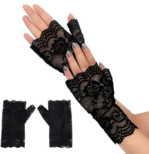 ZAMXHUG Spitze Fingerlose Handschuhe Kurze Spitzenhandschuhe Schwarze Weiß Braut Hochzeits Handschuhe Abschlussball Teeparty Kostüm Zubehör Damen Schwarz(1 Paar)
