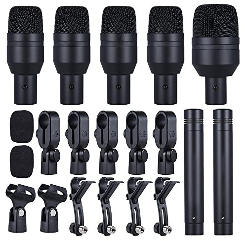 ERYUE Microphone DMS-D7 Professional Musical Instruments Drum Set Wired Microphone Mic Kit with Standard Mounting Accessories Aluminum Carrying Case 1 Big Drum Microphone 4 Small