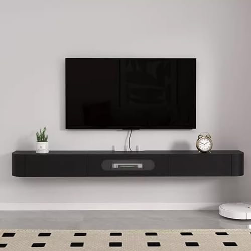 DEOPXF Meuble TV Suspendu en Bois Massif Design Mural Gain de Place Texture Naturelle Meuble TV Bas Coins Arrondis Glissière Silencieuse(Noir,160cm)