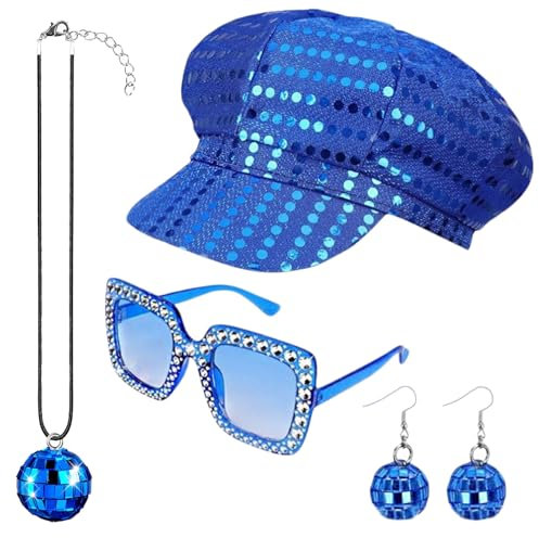 TYXHXTF 4 Stück 70er Jahre Disco Zubehör, Disco Accessoires mit Pailletten Hut Sonnenbrille Ohrringe Dance Kostüm für Karneval