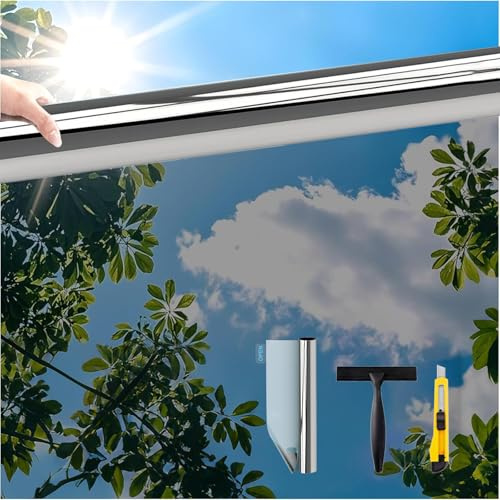 Gutsurge Spiegelfolie Fenster Sichtschutz 60x200cm Hitzeschutzfolie für Fenster Privatsphäre Sonnenschutzfolie Innen Rückstandslose Thermofolie gegen Hitze UV Schutzfolie Wärmeschutzfolie Silber