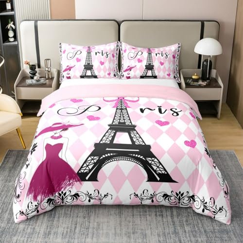 Parure de lit double romantique avec housse de couette et 2 taies d'oreiller, nœud papillon à paillettes, housse de couette blanche à carreaux géométriques, sans couette