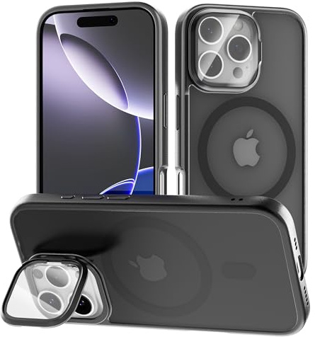 tigratigro Cover con Cavalletto,Compatibile con iPhone 16 Pro Max,Protezione Fotocamera H9 vetro temperato,Custodia Posteriore Glassata Traslucida, Anti-Impronte,Sensazione di Velluto (Nero)