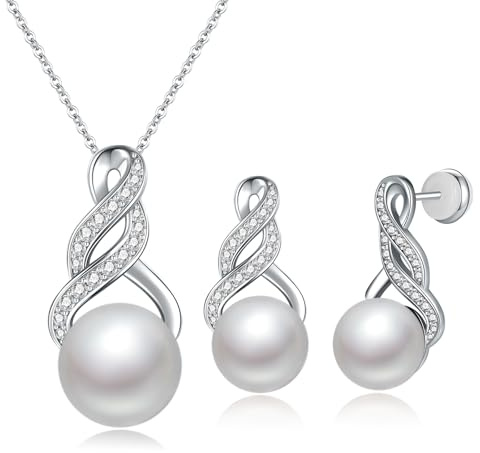 BONLAVIE 2 Set Perlen Schmuck für Damen Perlen Anhänger Halskette und Ohrringe Set Rhodium-plattierte Silber 925 Hängend Kette & Unendlichkeit Ohrringe Schmuckset Geschenke für Frauen mit Geschenkbox