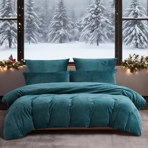 YASMENG Winter Bettwäsche 135x200 4teilig Petrol Uni Warm Kuschelig Flauschige Bettwäsche Winter Weich Samt Plüsch Fleece Flanell Bettbezug Set Geschenk mit Reißverschluss und 2 Kissenbezüge 80x80 cm