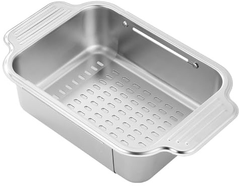 SUJOSAJU Micro Perforated Colander With Handle Stainless Steel Colander, Expandable 34.2-44cm Over The Sink Dish Drying Rack Stainless Steel Drainer Basket for Vegetables Fruits sink strainer