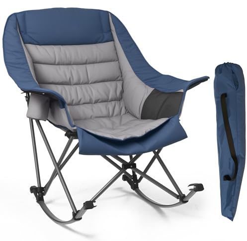 Foristrail Oversized Rocking Camping Chair for Adults - 400lbs Capacity Padded Camp Chair with Cup Holder, Portable Foldable Outdoor Rocker Chair for Camping, Backyard (Blue & Dark Gray, 1 PCS)