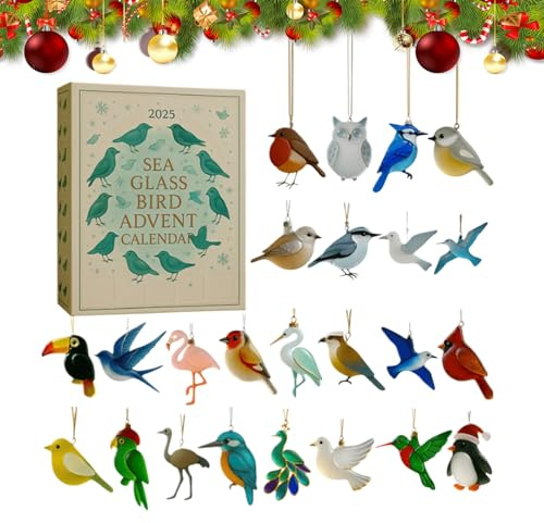 2025 Adventskalender, Vögel, Meerglas, Weihnachten, Partydekoration aus Acryl, 2D-Dekoration, Countdown, Weihnachten, 24 Tage mit Vögeln, für Haus, , Wand, Fenster, Tür