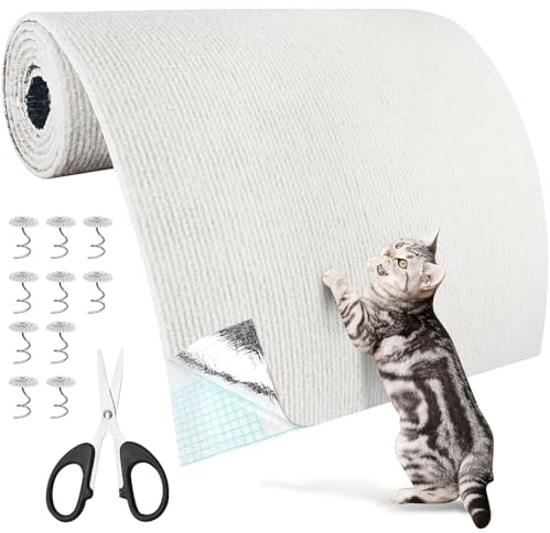 ENUTROF Kratzschutz Katzen Kratzmatte 200x40cm Kratzteppich Selbstklebend | Katze Wand Selbstklebende Kratzwand für Kratztapete Sofa Eck Katzenständer Holzgriff Möbel Trimmbare DIY(Cremeweiß 40x200cm)