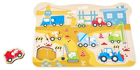 Hape BAU-Steckpuzzle - Holzpuzzle mit Griffknöpfen für Kinder, Lernspielzeug mit Baufahrzeugen, Montessori Puzzle zur Förderung von Feinmotorik, Farben & Formen, Motorikspielzeug ab 24 Monaten