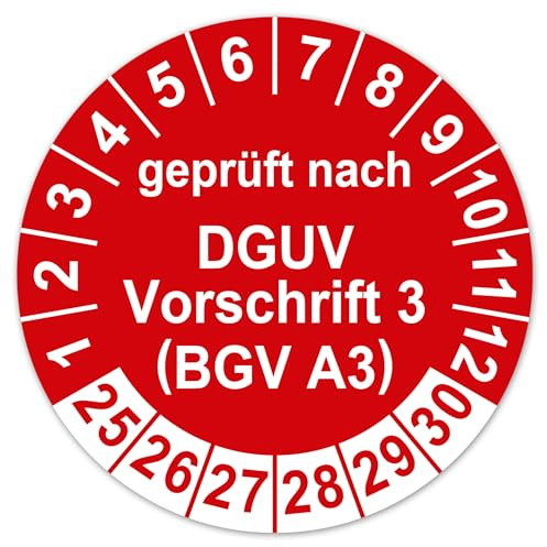 LabelTec Prüfplaketten geprüft nach DGUV Vorschrift 3 BGV A3 Prüfaufkleber 2025-2030 Aufkleber Prüfetiketten Vinyl Plaketten Folie selbstklebend wasserfest LTA011 (50, Rot, ø30mm)