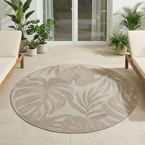 Carpetsale24 Outdoor Teppich Rund 200 cm Beige, Wetterfest UV-beständig, Garten Terrasse Wohnzimmer Esszimmer Teppich Indoor Outdoor, Palmblätter Design