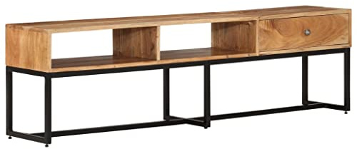 kithwjll TV Cabinet 160 x 30 x 45 cm, Solid Acacia Wood, Industrial Lowboard with Drawer, Open Compartments, Robust Steel Frame, Vintage TV Cabinet for Living Room