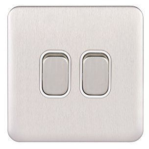 Schneider Electric Lisse Screwless Deco - Double 2 Way Light Switch, 10AX, GGBL1022WSS, Stainless Steel with White Insert