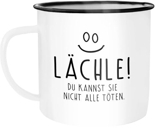 Moonworks Emaille Tasse Becher Lächle du kannst Sie nicht alle töten Büro Kollegen Kaffeetasse weiß-schwarz unisize