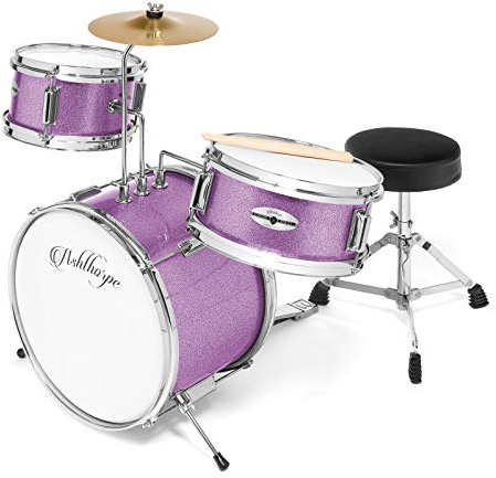 Ashthorpe 3-teiliges komplettes Schlagzeug-Set - Anfänger-Kit mit 35,6 cm Bass, verstellbarem Thron, Becken, Pedal & Drumsticks - Lila
