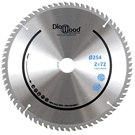 DIAMWOOD - Lame de Scie Circulaire Bois Alu HM Finition Scie à Onglet | Découpe Parfaite | Diamètre 254 mm | 72 Dents Trapézoïdales Plates Négatives | Alésage 30/25,4/20/19/16/15,9 mm ép.2,8/1,8 mm