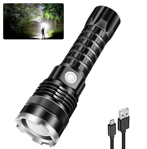 Linterna LED XHP70 Alta Potencia Super Brillante 10000 Lúmenes, Recargable Militar Linternas de 5 Modos, Zoomable, Impermeable para Ciclismo Montañismo Camping Con batería