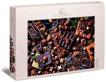 Ulmer Puzzleschmiede - Puzzle „Süße Versuchung“ - Klassisches 1000 Teile Puzzle – Nüsse, Pralinen & Schokolade als zeitgemäßes Puzzlemotiv für Kenner - mit schöner Vielfalt an Formen und Konturen