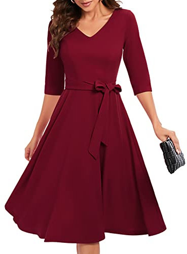 Bbonlinedress Abendkleid lang Sommerkleid 3/4 arm V-Ausschnitt Midi Kleider Rockabilly Kleider Cocktailkleid elegant für Hochzeit Burgundy XL