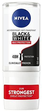 NIVEA Black & White Max Protection (50 ml), Deodorant für Damen, Anti-Transpirant Roll On zur Reduzierung von weißen Flecken, Deodorant Damen, maximaler Schutz, 48h Schutz