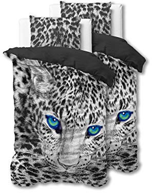 Sleeptime Bettwäsche 4teilig 135cm x 200cm 4teilig grau - Cheetah - weich & bügelfrei Bettbezüge mit Reißverschluss - Bettwäsche Set mit 2 Kissenbezüge 80cm x 80cm