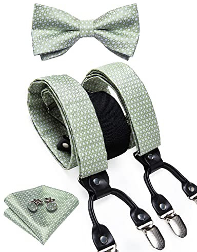 DiBanGu Paisleymuster Fliege und Supenders Set für Herren, Smoking-Clip, Einstecktuch, Manschettenknöpfe, Hosenträger, 04 Salbeigrün, Einheitsgröße