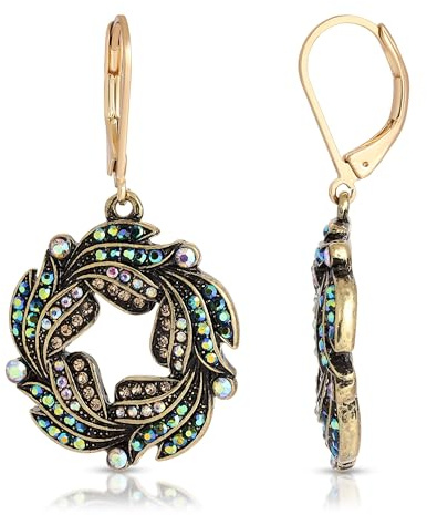 1928 Jewelry Peacock Plumage Art Nouveau Style Blue Iridescent AB Glass Wreath Drop Earrings