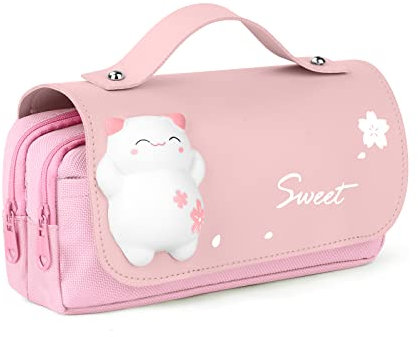 Vicloon Imperméable Trousse Scolaire avec Poignée, Trousse à Crayons de Grande, Sac à Crayons école Trousses avec Jouet de décompression pour Collège Bureau étudiants Fille Garçon Adolescent(Rose)
