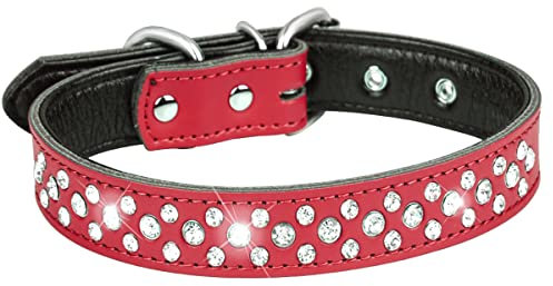 Serijoars Strass Hundehalsband für Kleine Mittlere Große Hunde, Einstellbar Glitzernd Kristall Weich Echtes Leder Bling Hundehalsbänder (M, Rot)